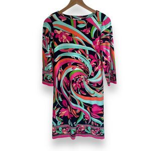 London Times-Dress-3/4 Sleeve-Knee Length-Size 6-Navy Pink-Flower Flourish Swirl